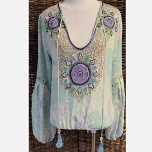 $345 TAJ by Sabrina Crippa 100% Silk BOHO Beaded Blouse, Pastels Size S